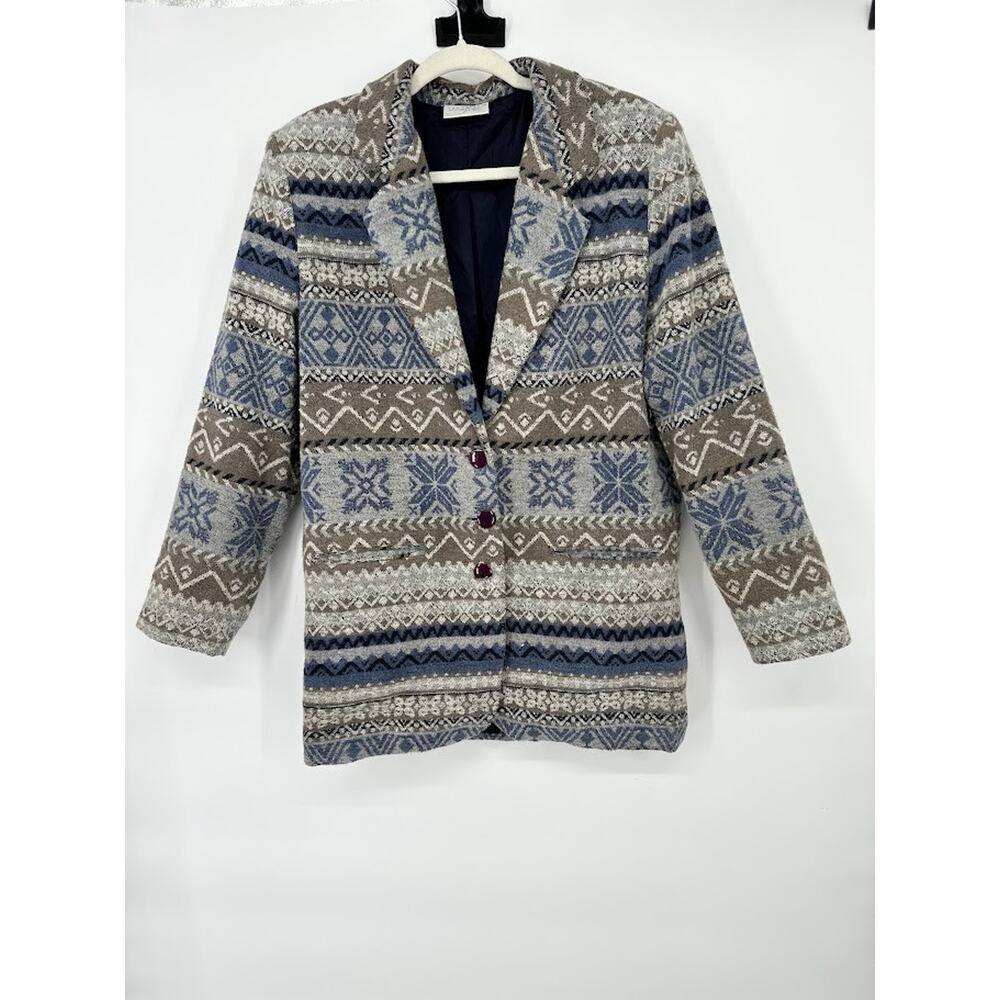 Vintage Womens M 90s Blazer Jacket Oversize Button Boho Snowflake Southwest Blue
